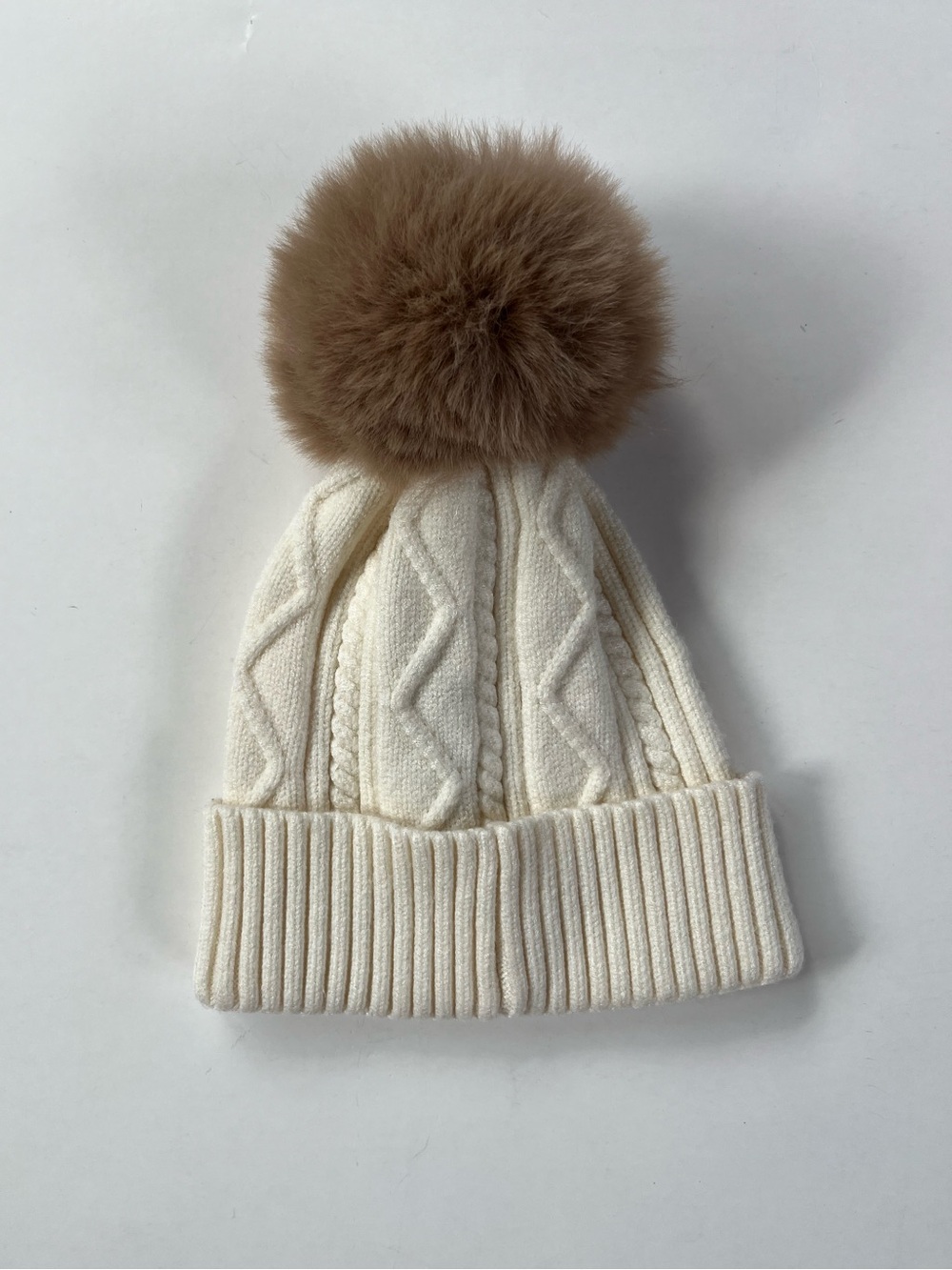 Lucky Brand Cream Cable Knit Beanie Faux-Fur Pom